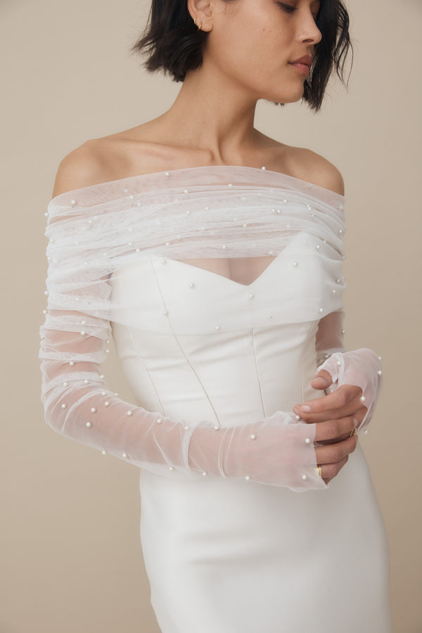 Bridal Wrap and Gloves in Scattered Pearl Tulle